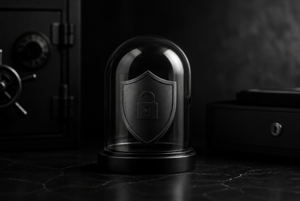 A protective shield secured beneath a glass dome, representing the proactive legal strategies a full service law firm uses to safeguard a client's wealth, business, and legacy.